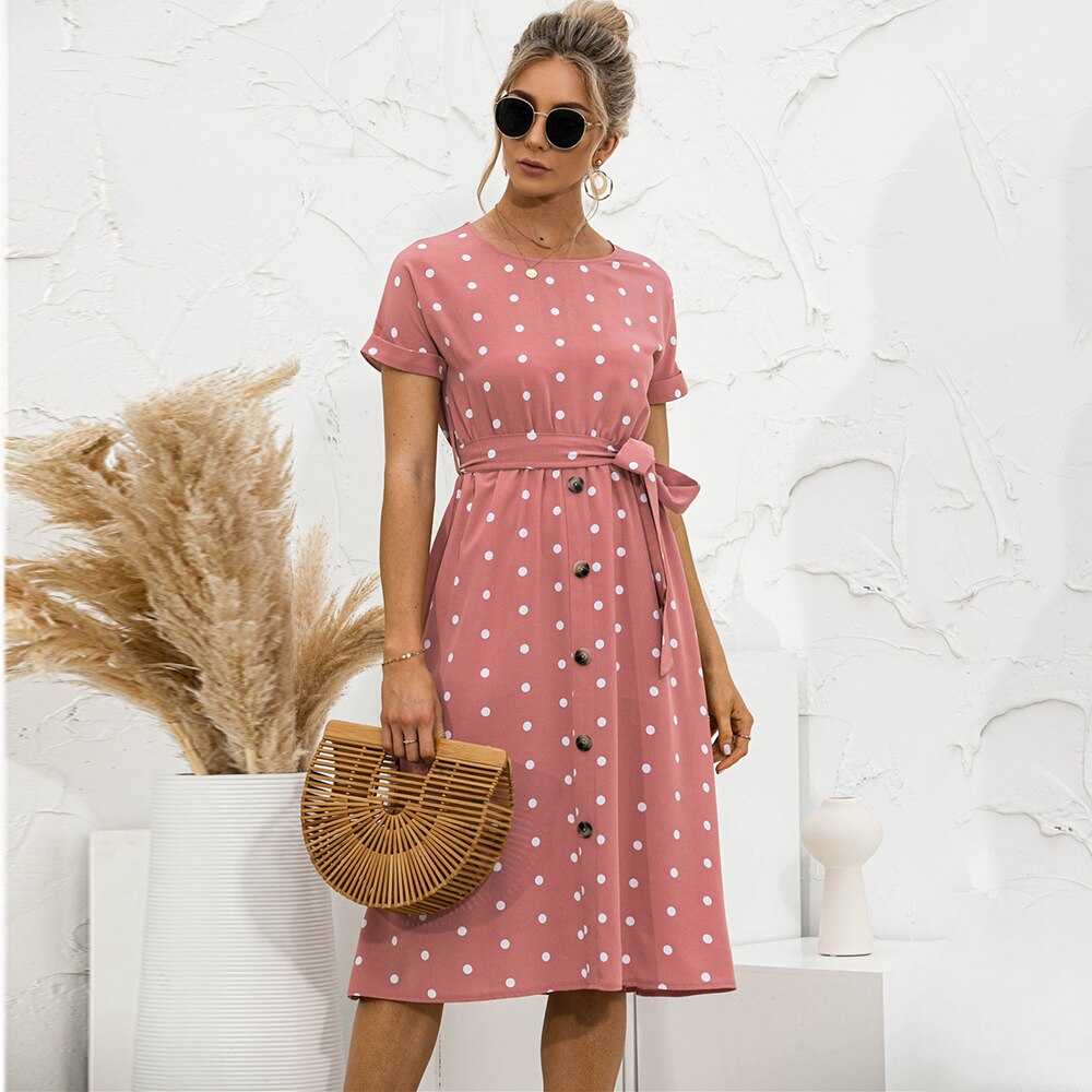 Women Summer Polka Dot Midi Dress Female Short Sleeve O-neck Button Pink Long Dresses 2022 Casual Fashion Belt Office Lady Dress alx