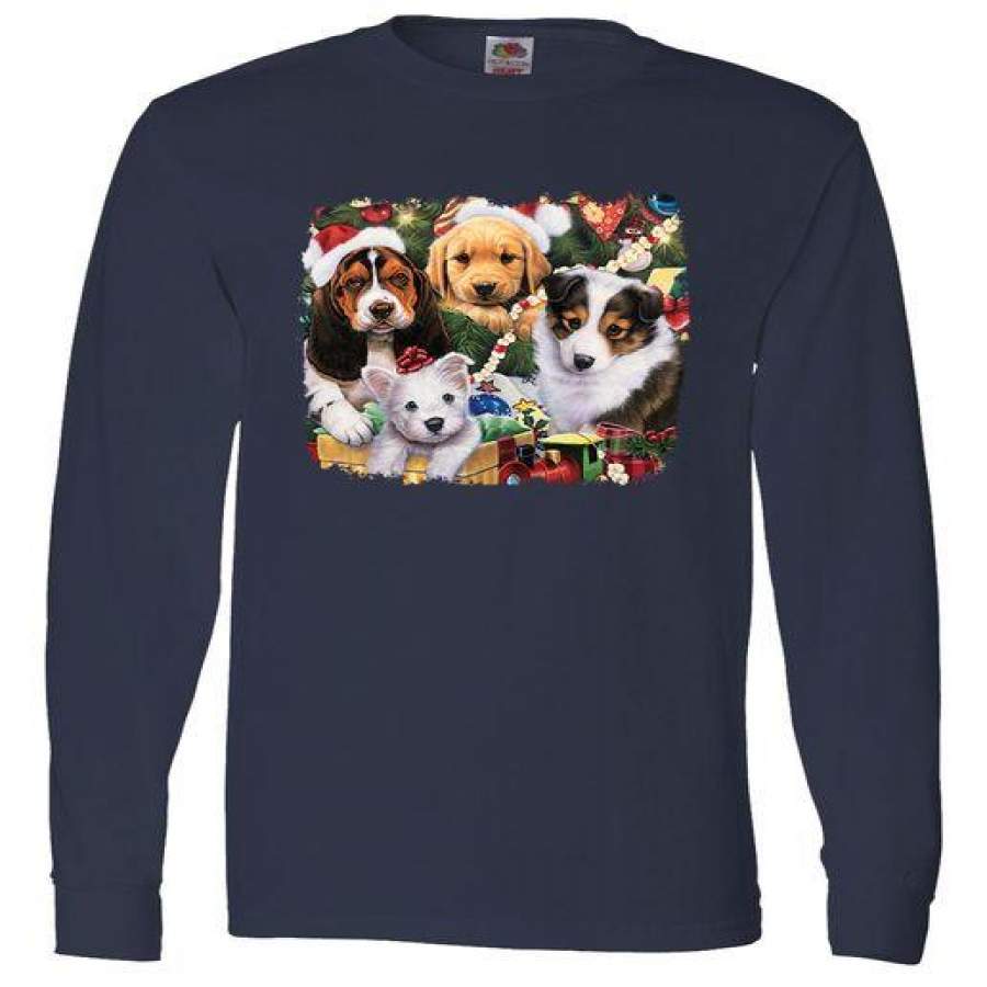 Puppy Surprise Christmas Scene Long Sleeve T-Shirt