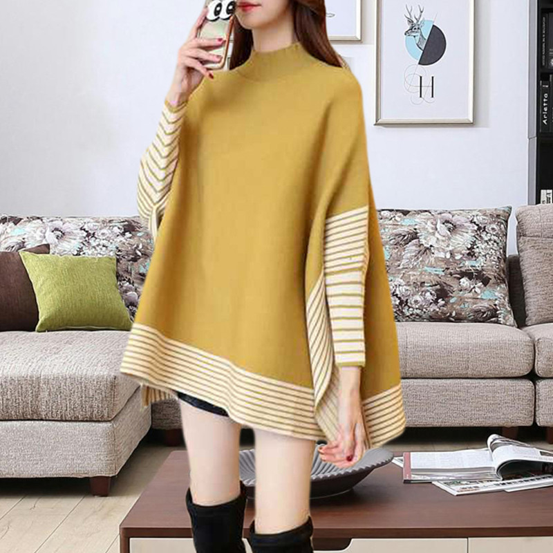 SMTHMA New Autumn And Winter Women Sweaters Poncho Knitting Capes Cloak Female Sweater Turtleneck Stripe Loose Knitted Pullovers alx