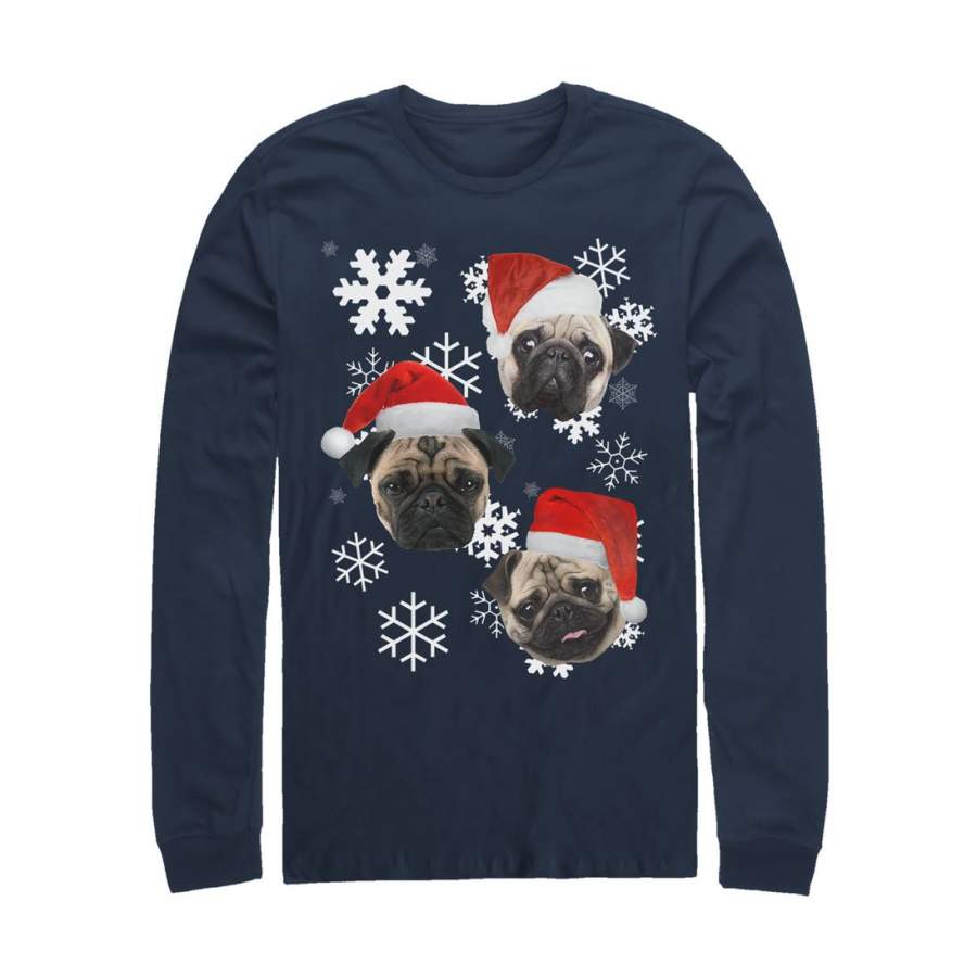 Lost Gods Men’s Ugly Christmas Pug  Long Sleeve Shirt Navy Blue