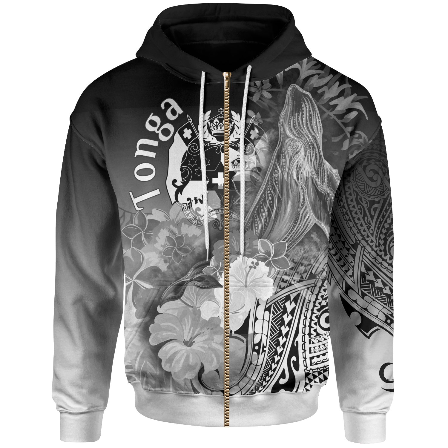 Tonga Zip-Up Hoodie – Humpback Whale with Tropical Flowers (White)- BN18