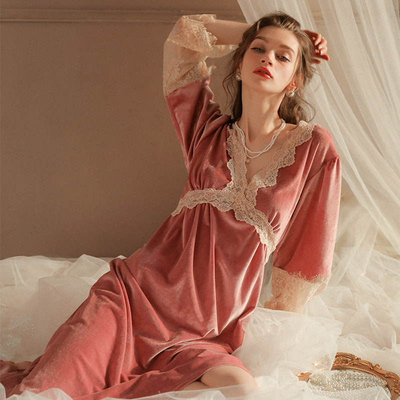 Winter Autumn New Nightgown Sexy V-Neck Sleepshirt Elegant Nightwear Lace Patchwork Vestidos Femme Velour Home Dressing Gown alx