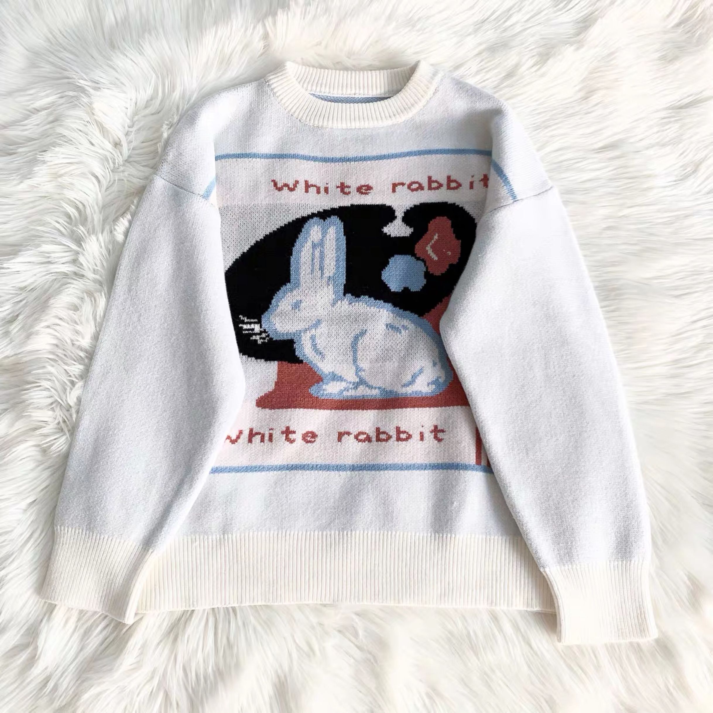 Japanese preppy style cute white rabbit sweater korean sweet casual loose pullover autumn vintage Harajuku women knitted sweater alx