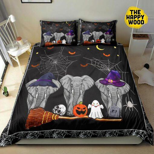 Funny Witch Elephants Halloween Quilt Bed Set And Pillow Covers