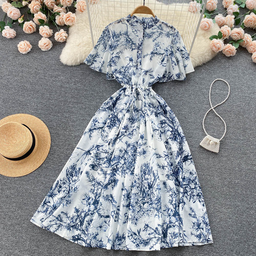 Aibeautyer New Casusal Spring Autumn Floral Print Slim Full Lady Dress Single Breasted Chiffon A Line O Neck Women Dresses alx