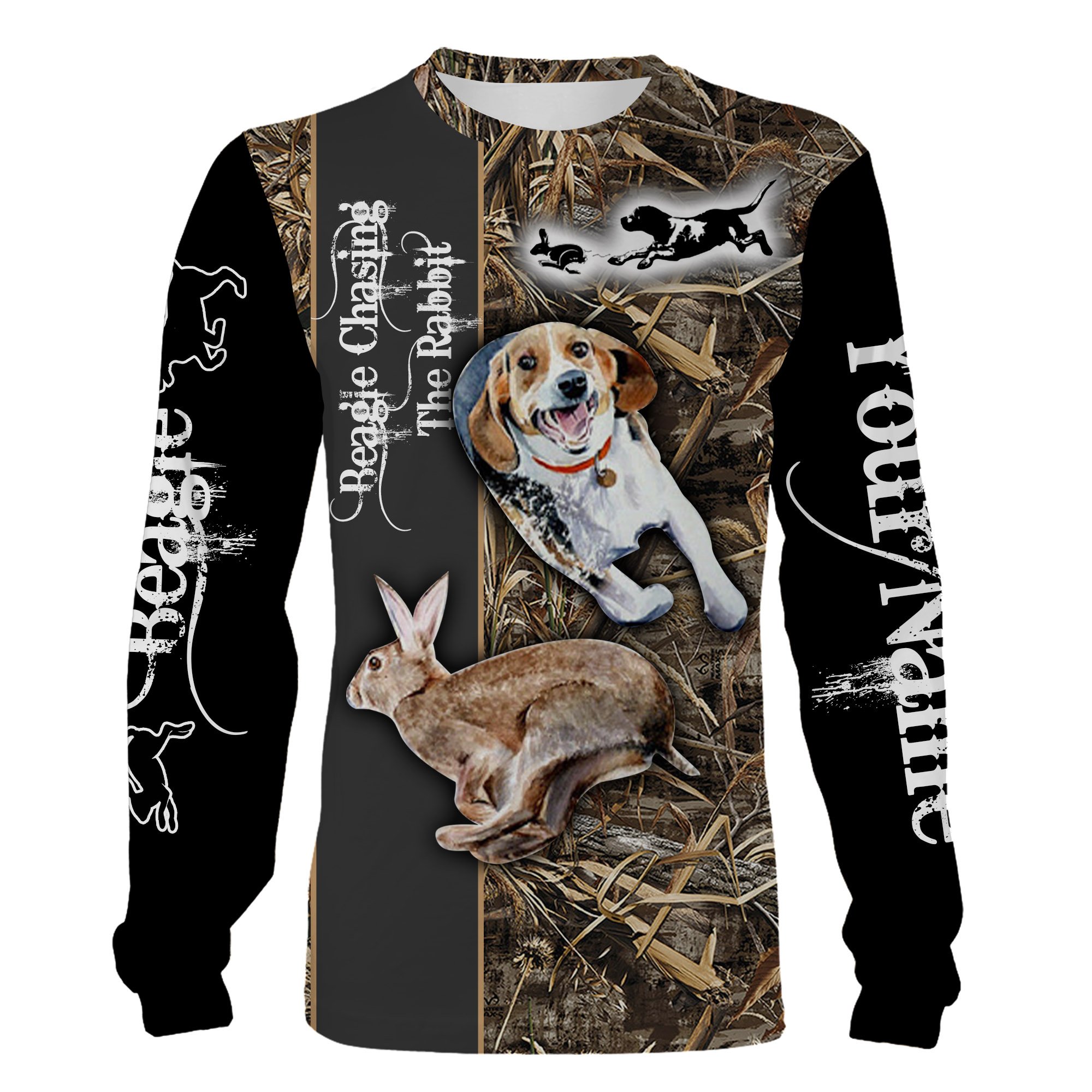 Rabbit hunting dogs Beagle chasing the Rabbit Camouflage custom Name 3D Full printing Shirt, Hoodie Personalized gifts for Rabbit hunter – FSD1044