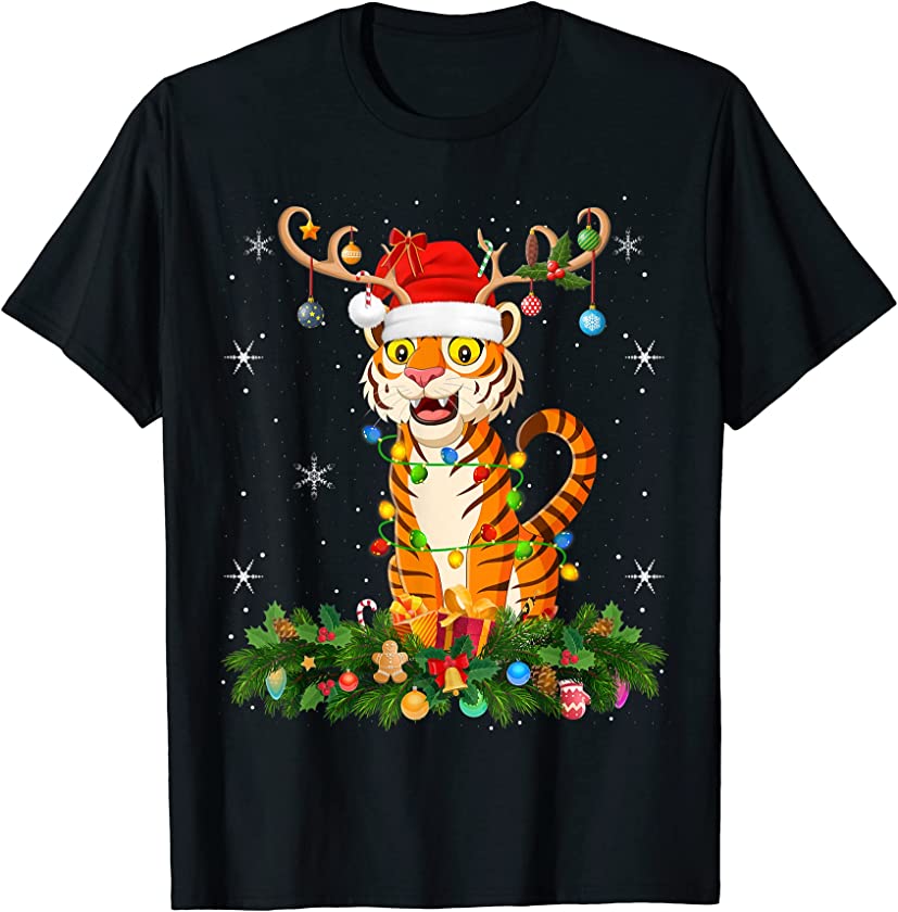 Xmas Holiday Reindeer Hat Santa Tiger Christmas T-Shirt