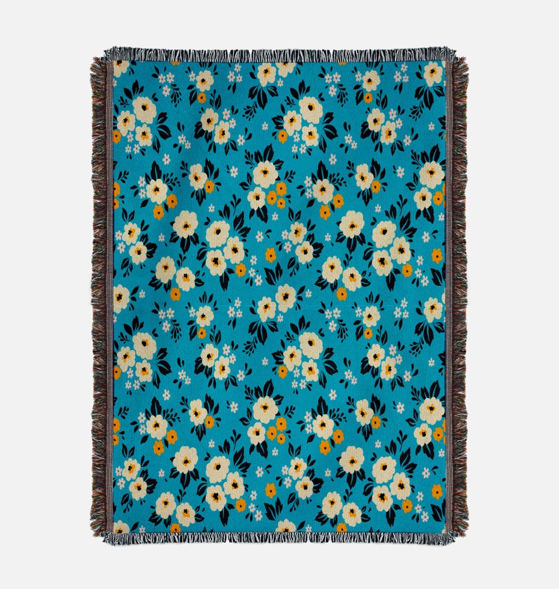 Blue Floral  Vintage Retro Style Couch Sofa Blanket,  Woven Throw Blanket Home Decor