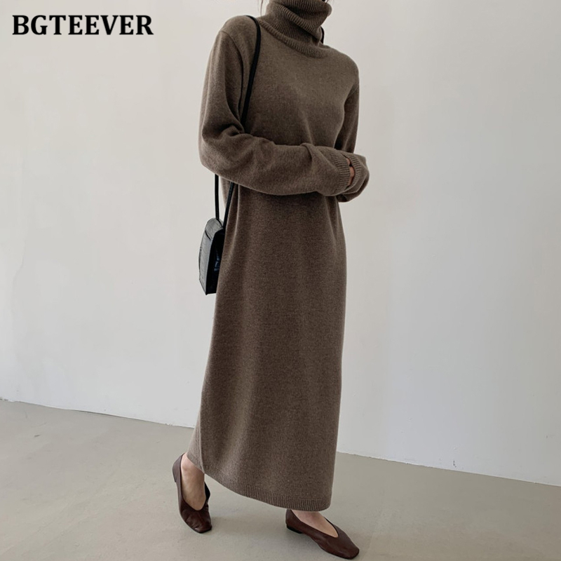 BGTEEVER Casual Thicken Warm Women Knitted Dress Full Sleeve Loose Turtleneck Female Sweater Dresses 2021 Autumn Winter Vestidos alx