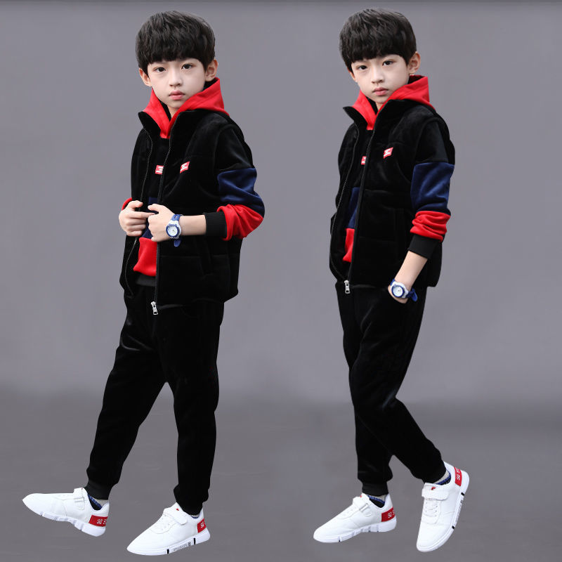 Autumn Winter 3pcs Kids Thickening Hooded Vest+Sweater+Pant Sport Suits Baby Boys Girls Warm Fashion Set Children Clothing 4-12T alx