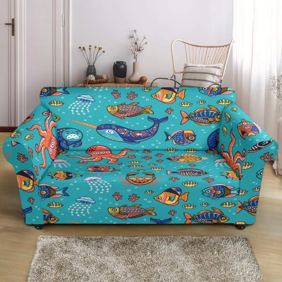 Manatee Whale Fish Octopus Pattern Print Loveseat Cover