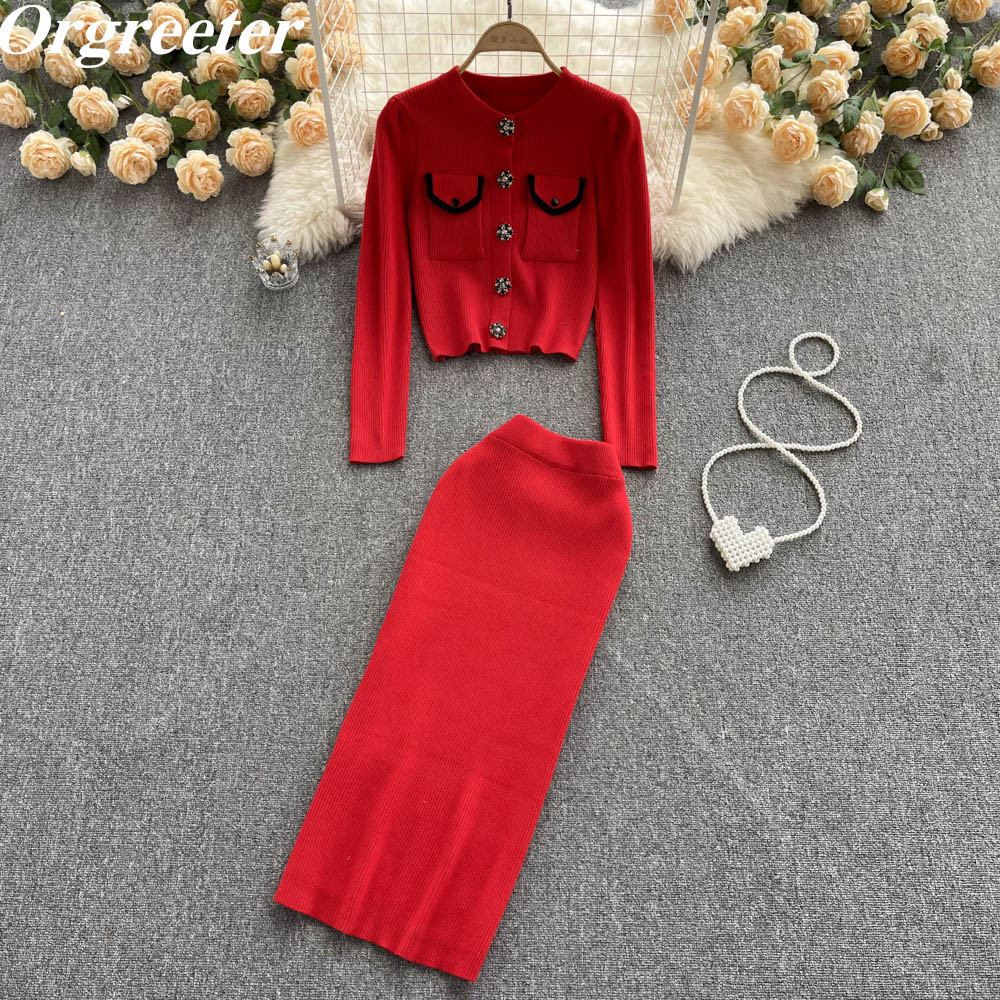 Sweater Cardigan Jacket Long Skirt Two Piece Set Women Small fragrance Temperament Crop Top Bodycon Skirt Knitted Suit Female alx