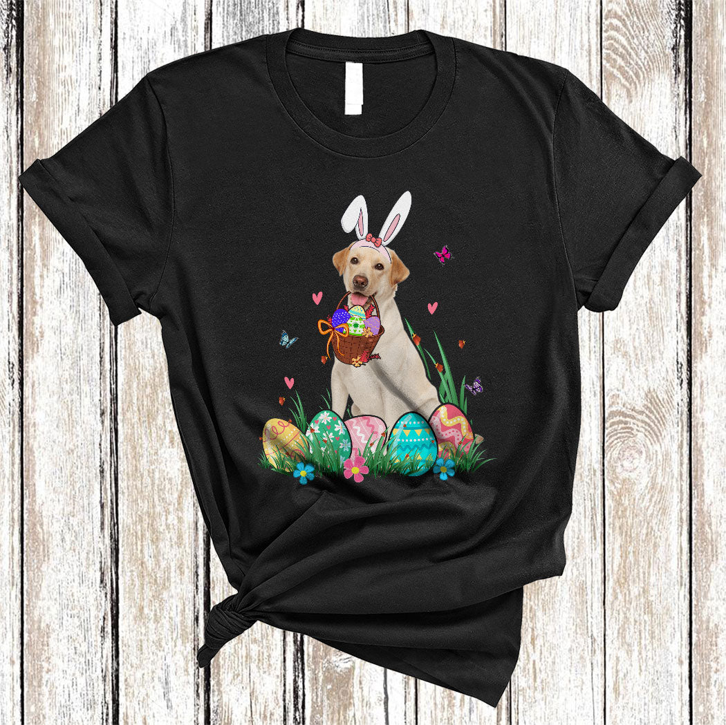 Bunny Labrador Retriever Dog With Easter Egg Basket Funny Easter Day Flower Egg Hunt Dog T-Shirt