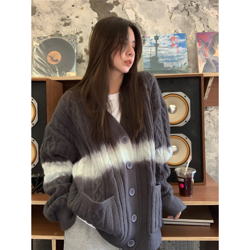 Women Dark Grey Cardigan Sweater Outerwear Stripe Color Contrast Korean Fashion Lazy Wind Winter Single Breasting Knitting Coat alx