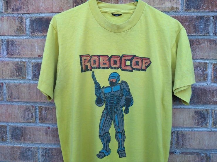 Robocop Vintage Shirt 1980S Cartoon Series Animation Arnold Schwarzenegger Movie Action Sci Fi 50 50 Paper Thin Pop Culture Yellow Lrg Shirt