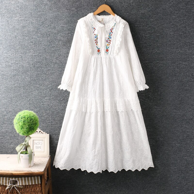 Autumn Round Neck Embroidery Thin Cotton Dress Women Long Sleeve Dress 6721 alx