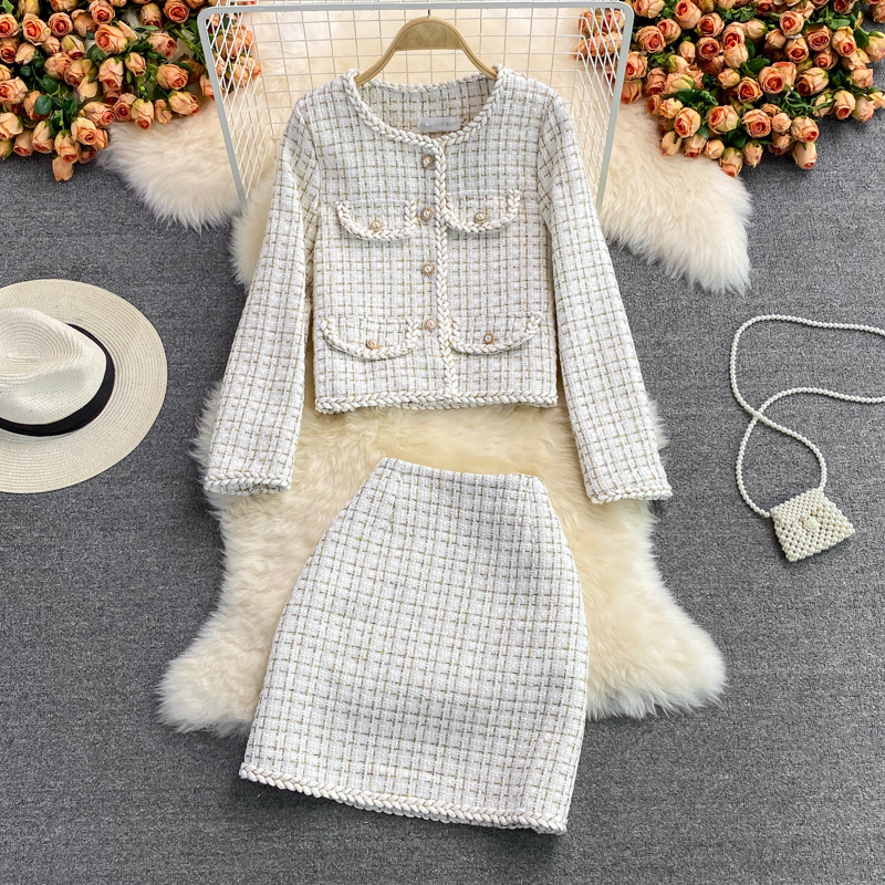 Blazer Mini Skirts Suits Women Plaid Short Two Piece Set Autumn Pink White Slim Tweed Jacket Half Skirt Female Two-Piece Sets alx