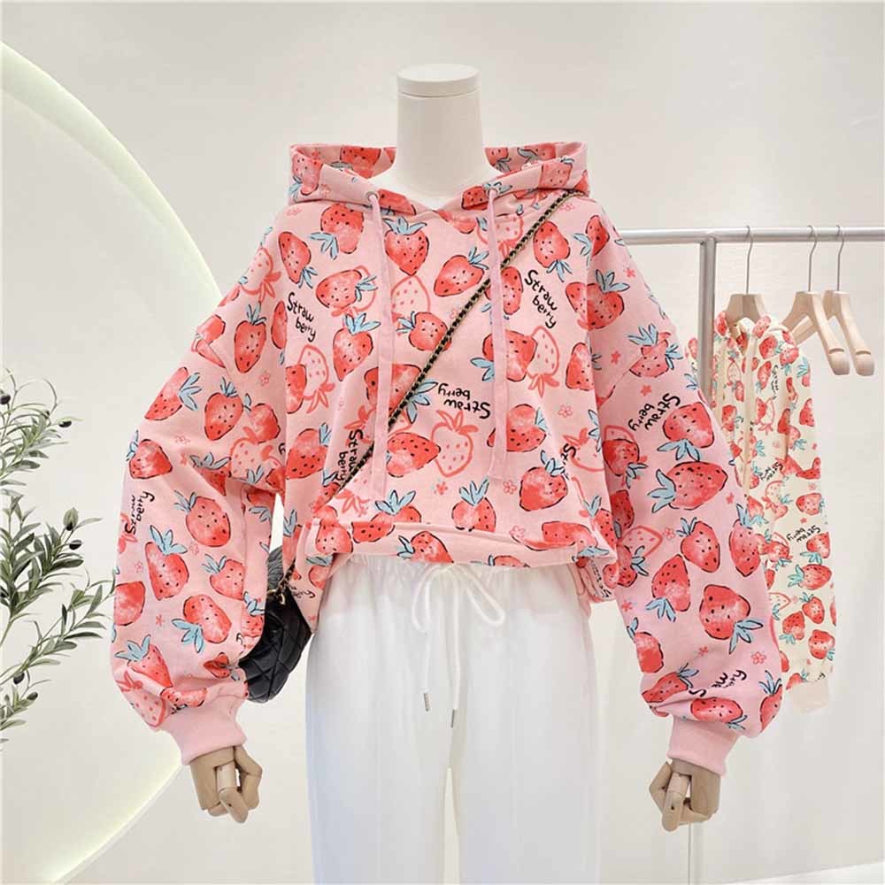 2022 Sweet Autumn Ladies Contrast Color Full Printed Strawberry Hooded Top Women’s Korean Loose Top Fashion Pullover Sweatshirt alx