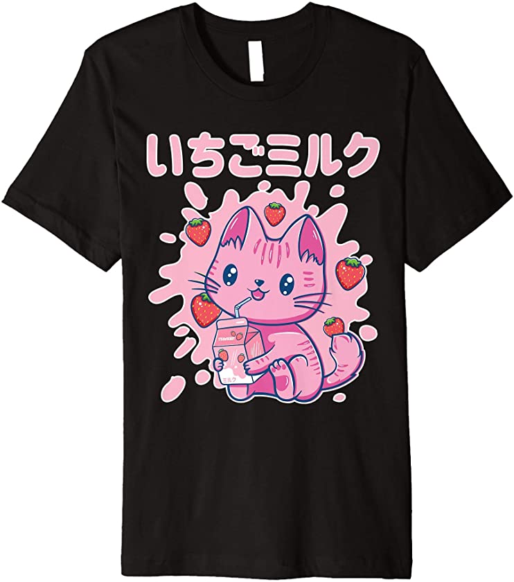 Chibi Kitten Kawaii Cat Japanese Strawberry Milk Drink Premium T-Shirt