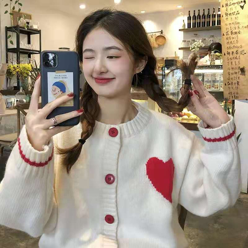 WDMSNA Cute Long Sleeve Knitted Cardigans 2022 Korean Autumn Single Breasted Sweater Women Loose Heart Print Cardigan Feminino alx