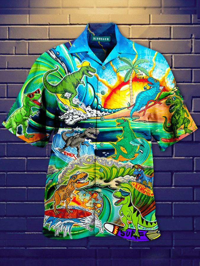 Funny Dinosaur Surfing On The Summer Beach Hawaii Aloha Shirts Ha78052