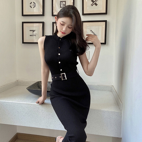 Temperament Sexy Slim Single-breasted O Sleeveless Stretch Knitted Bag Hip Dress Women Split Mini Fashion Bottom Wild Autumn alx