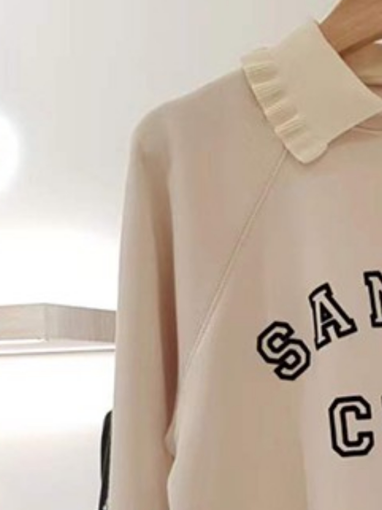 Women Hoodie 2022 Autumn and Winter Contrast Color Flocking Doll Collar Letter Print Long-sleeved Sweater alx