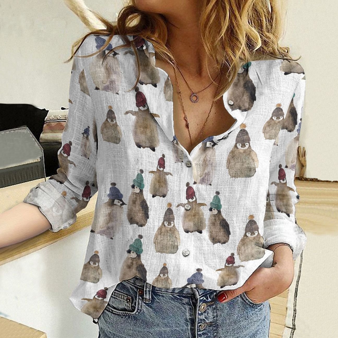 Cute Penguins Cotton And Linen Casual Shirt For Men and Women, Unisex