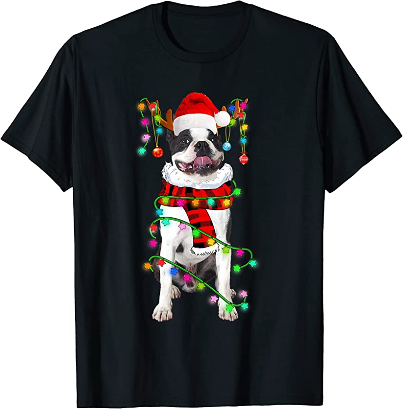 Boston Terrier Dog Santa Xmas Puppy Lover Christmas Lights T-Shirt