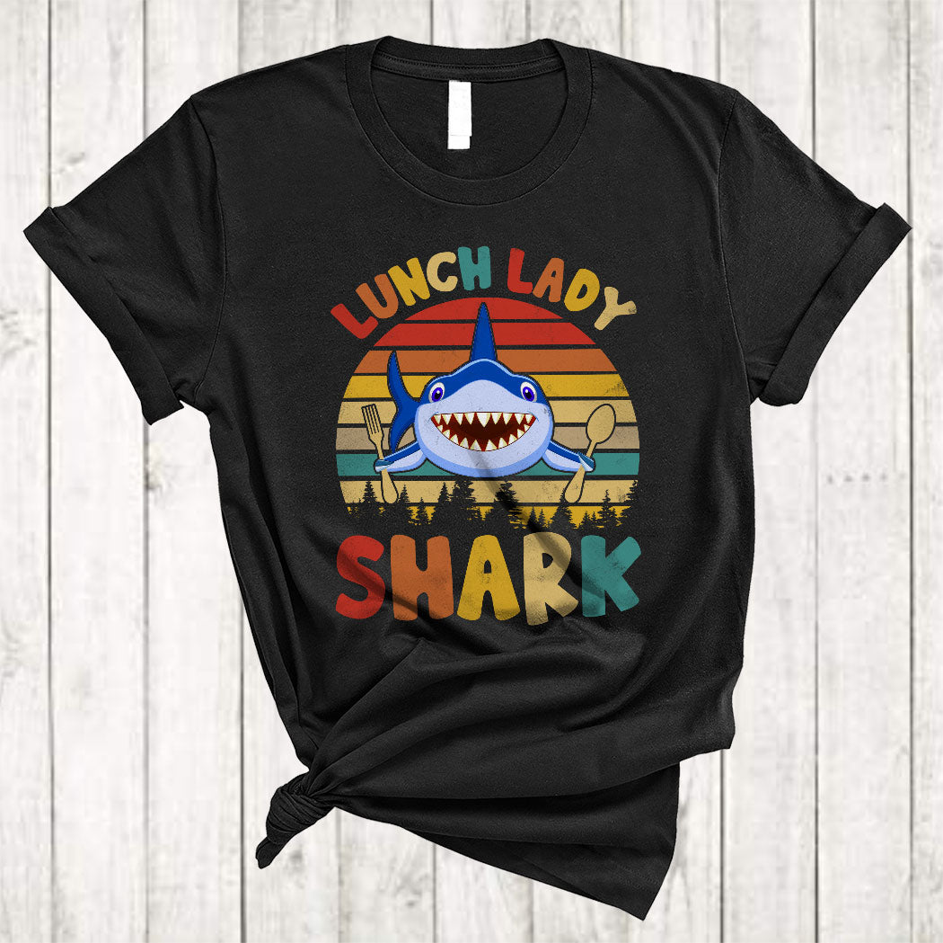 Vintage Retro Lunch Lady Shark Funny Shark Lover Matching Lunch Lady Group Gifts T-Shirt