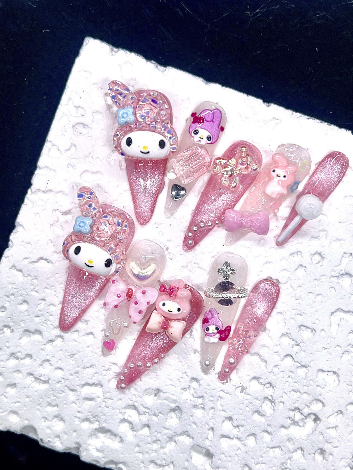 Cute Glitter Pink and Black Melody Press On Nails/ Melody Nail/s Bunny Nails/ Cute Nails/ Japanese Nails/ Kawaii Nails/ Handmade Nails #115