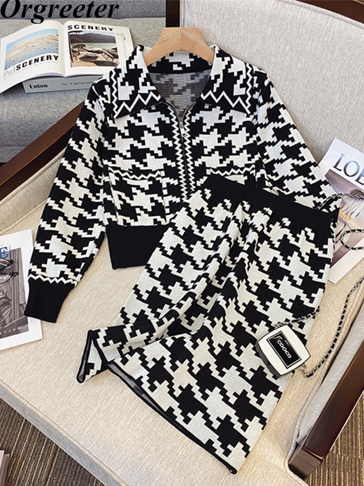 Women Fall Winter Sweater Clothes Set Vintage Plaid Zipper Knitted Cardigan Coat Bodycon Skirt Suits Elegan Slim 2 Piece Sets alx