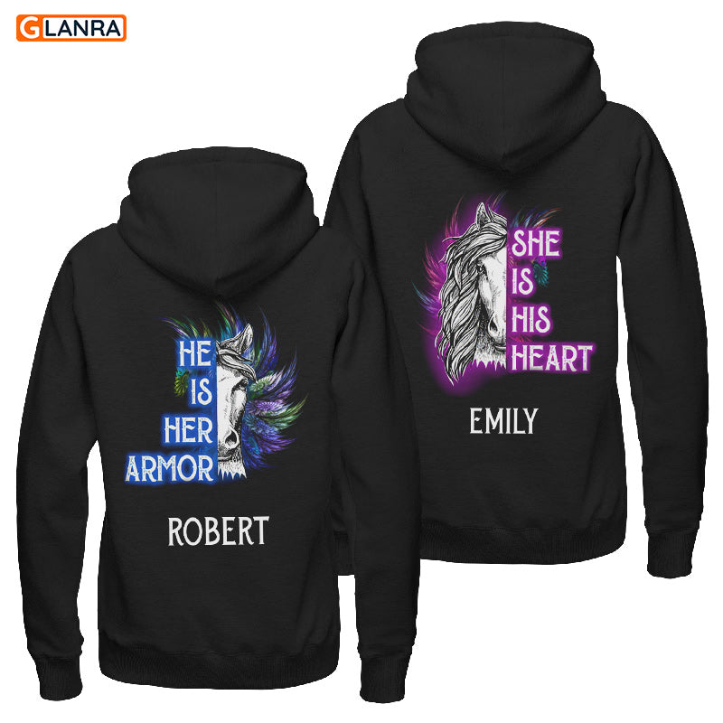 Personalized He Is Her Armor She Is His Heart Hoodie, Custom Horse Couple Hoodie, Couple Hoodie, Horse Hoodie, Unisex Sweater, Sweatshirt