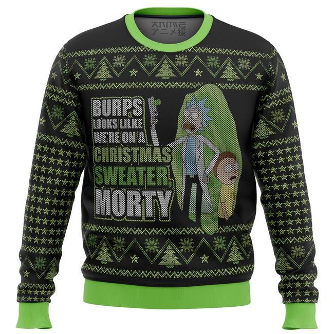 Unifinz Rick And Morty Christmas Sweater Burps Look Like We’Re On A Christmas Sweater Morty Black Green Ugly Sweater 2022