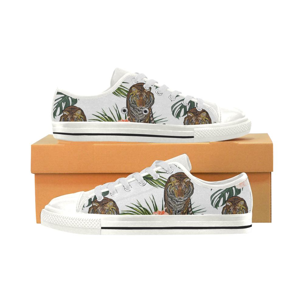 Bengal Tiger Hibicus Pattern Women’s Low Top Shoes White