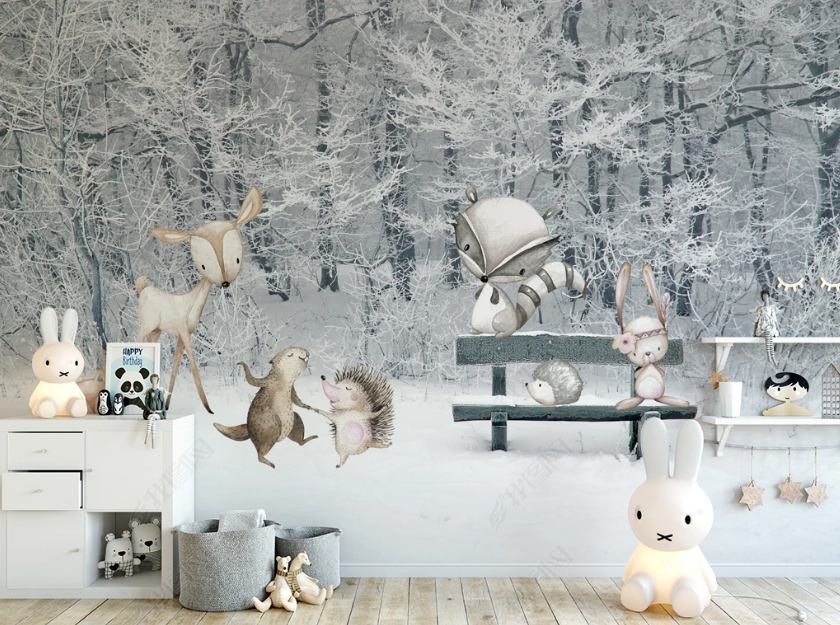 3D Winter Forest Animal Kids Wall Mural Wallpaper Lqh 97