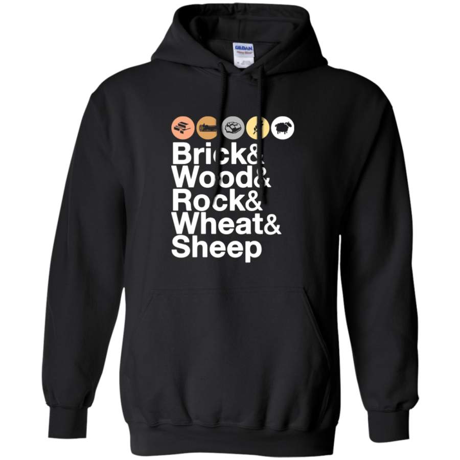 AGR Helvetica Settlers of Catan Brick, Wood, Rock, Wheat, Sheep  Board Game Geek Ampersand Design Gildan Pullover Hoodie