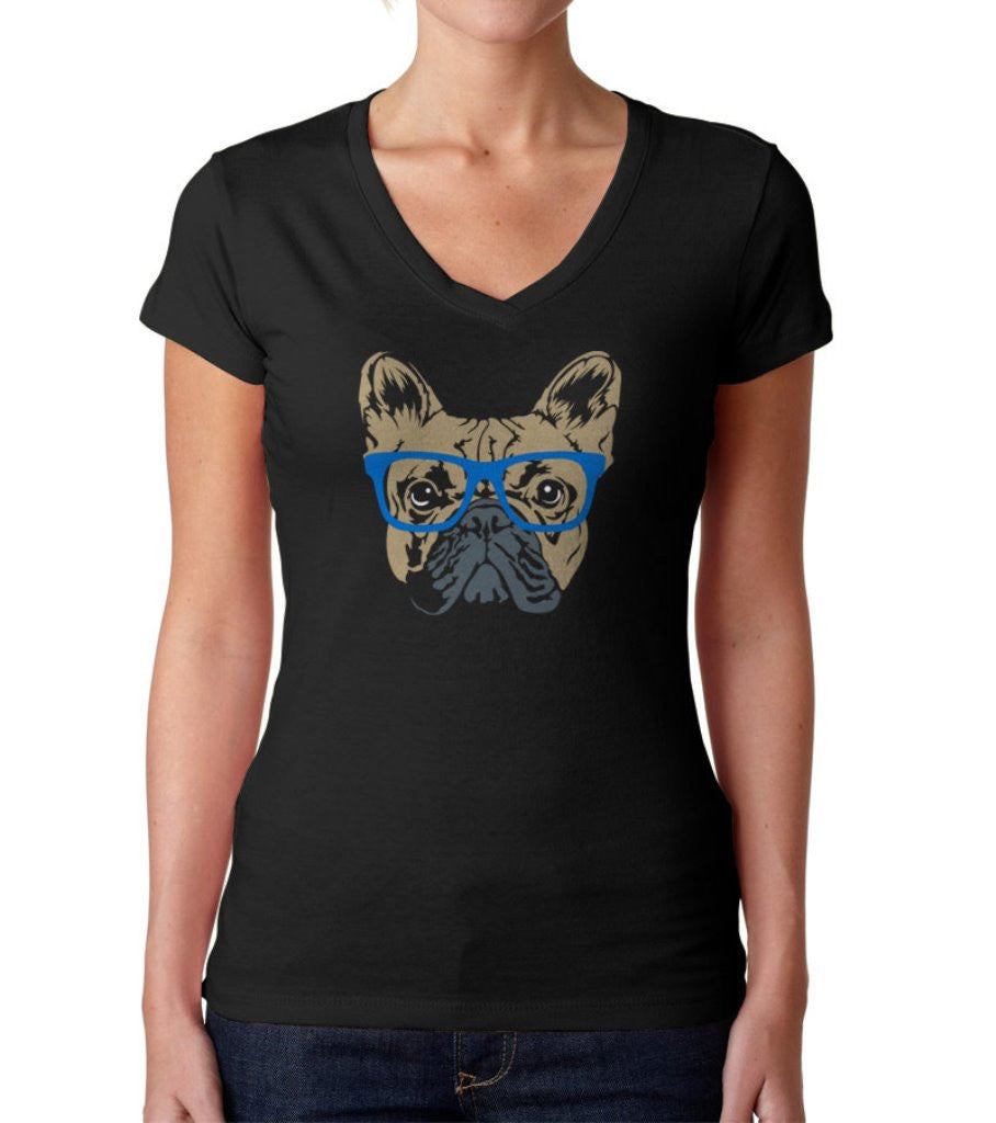 Women’S Glasses On A French Bulldog Vneck Hipster Frenchie T-Shirt