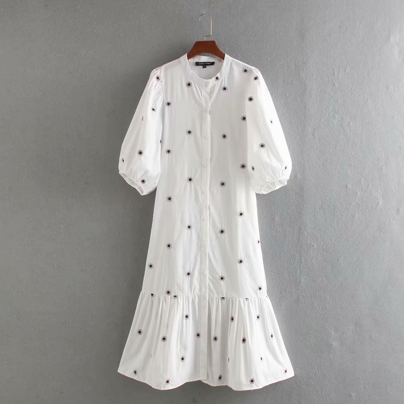 2020 women vintage lantern sleeve flower embroidery midi shirtdress female hem pleats vestidos chic casual loose dresses DS3436 alx