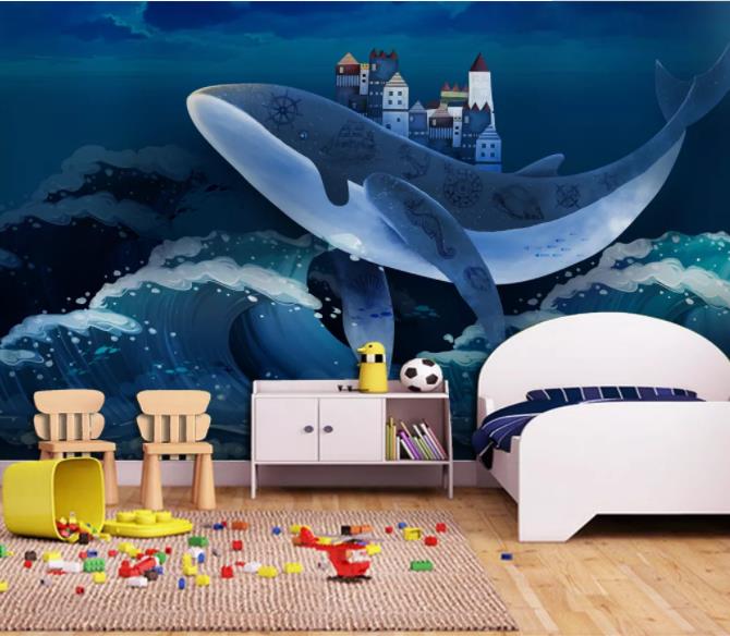 3D Cartoon Blue Ocean Whale Wall Mural Wallpaper 29