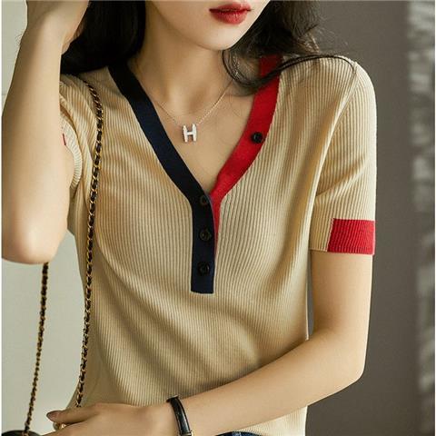 2022 summer new contrast V-neck short sleeve sweater women alx