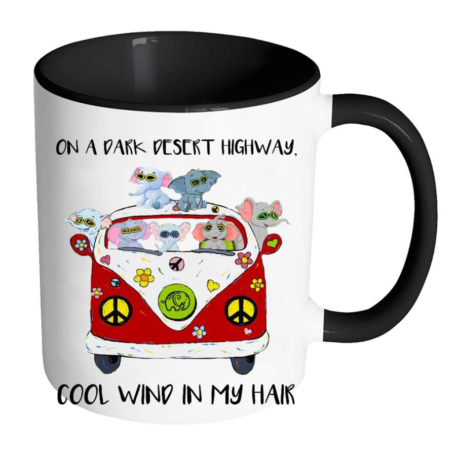 On A Dark Desert Highway, Cool Wind In My Hair, Elephant, Hippie Car, Peace Sign – Full-Wrap Coffee Colors Accent Mug