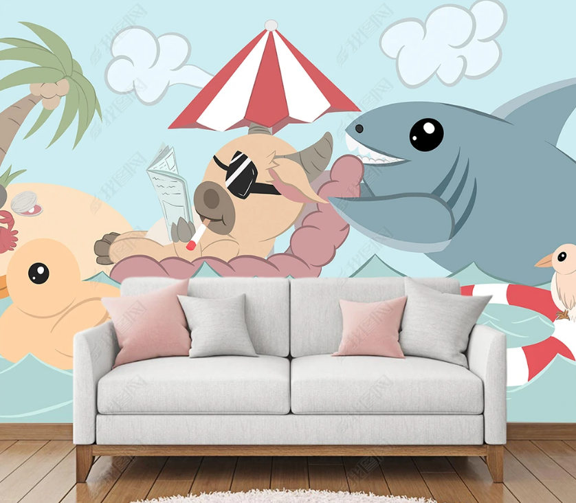 3D Hand-Painted Cartoon Cow Shark Wall Mural Wallpaper Sww3137