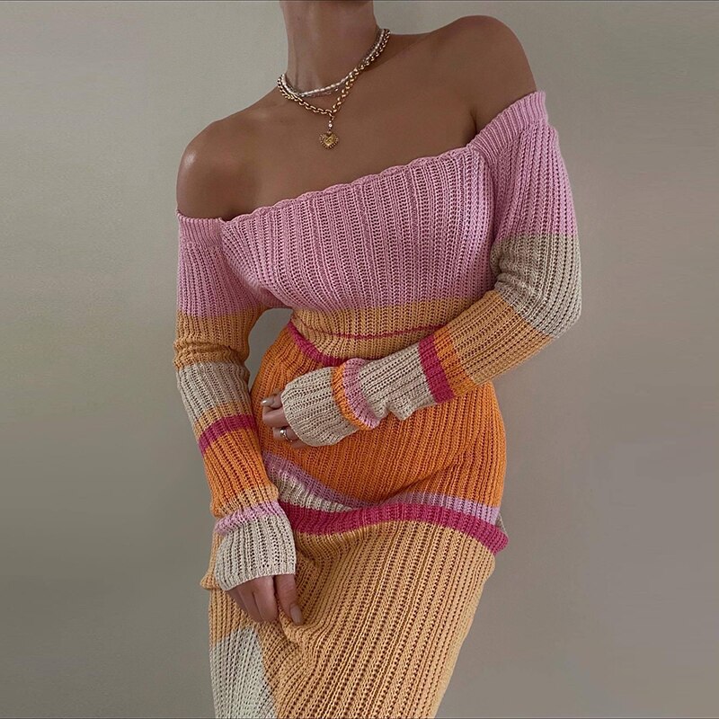 Y2K Vintage Striped Knitted Long Dress Leisure Style Off Shoulder Long Sleeve Bodycon Maxi Dress Chic Women Crochet Clothes alx