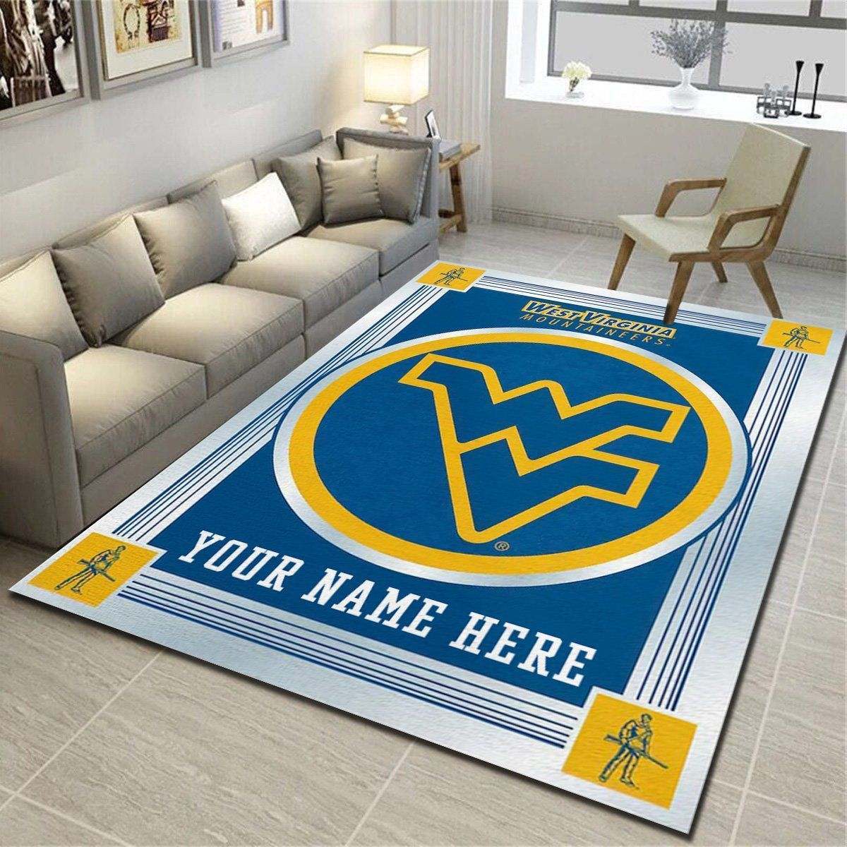 West Virginia Mountaineers Personalized Area Rugs, Team Living Room Bedroom Carpet, Customized Man Cave Floor Mat