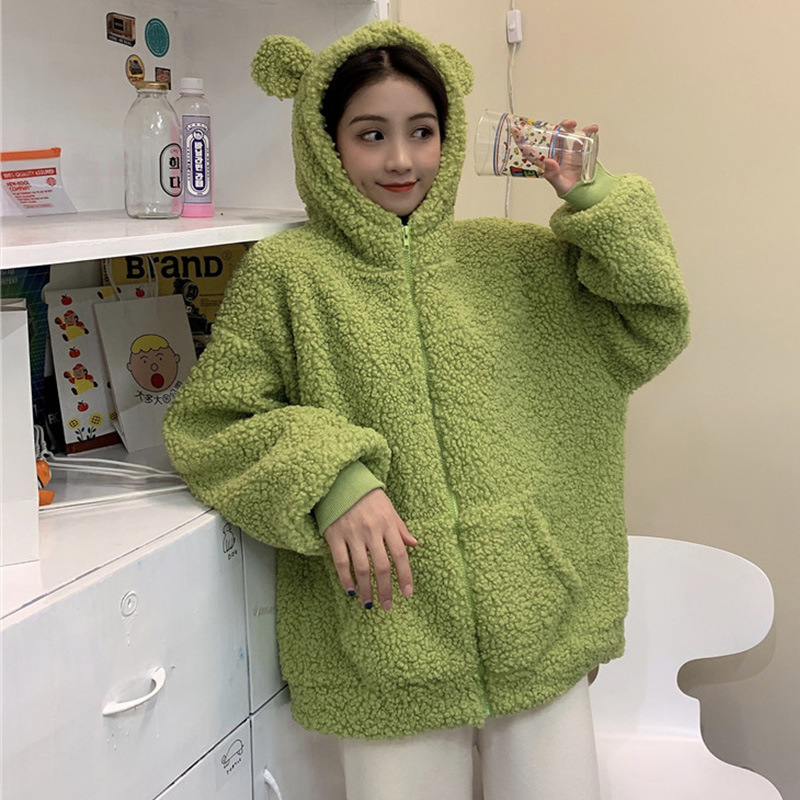 Autumn Winter Kawaii Frog Hooded Sweatshirt Zip-Up Plush Fleece Oversized Hoodies Women Thicken Warm Outwear Cute Animal Tops alx