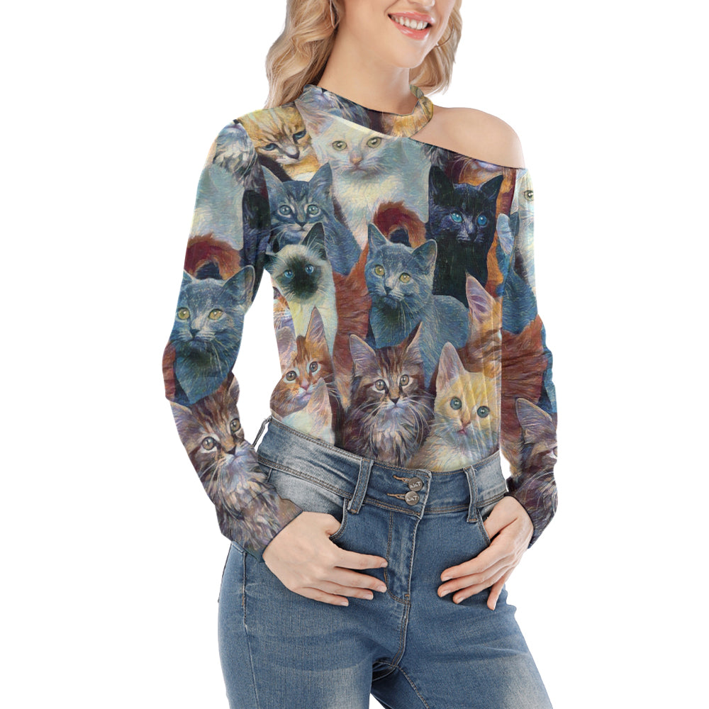 Abstract Kittens Off Shoulder Knitted Long Sleeve T-Shirt