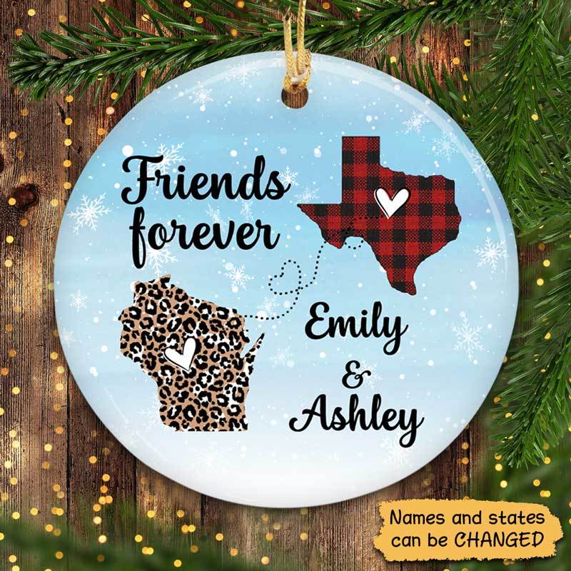 Christmas Long Distance Relationship Gift Besties Leopard Checkered Personalized Circle Ornament