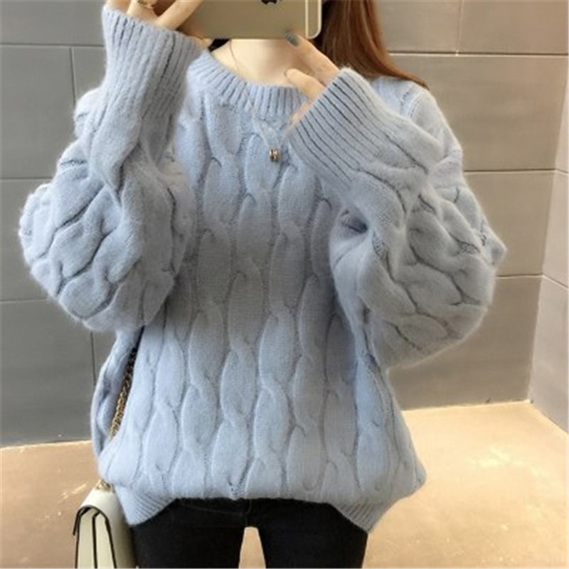 Blue O-Neck Twisted Sweater Women 2020 Autumn Winter Fashion Long Sleeve Cashmere Pullovers Female Knitted Jumper Tops PZ2530 alx