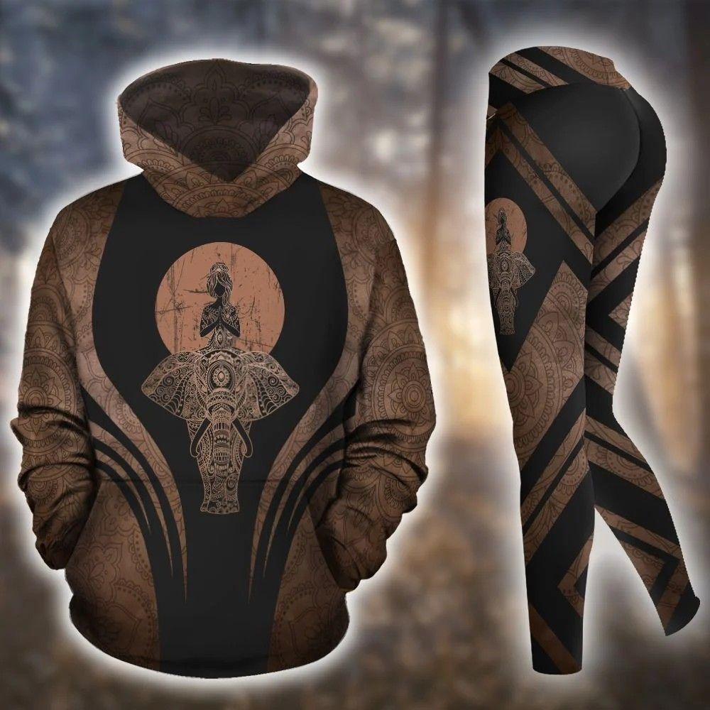 Elephant Yoga Mandala Black And Brown All Over Print Leggings Hoodie Set Outfit For Women | Hts1220